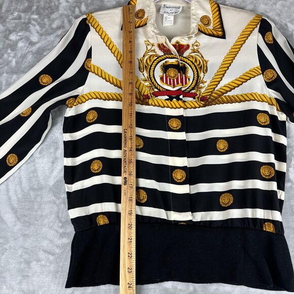 Vtg Francesca of Damon Silk Blouse Women's 4 White Black Stripe Coin Rope (0952) - Picture 11 of 11